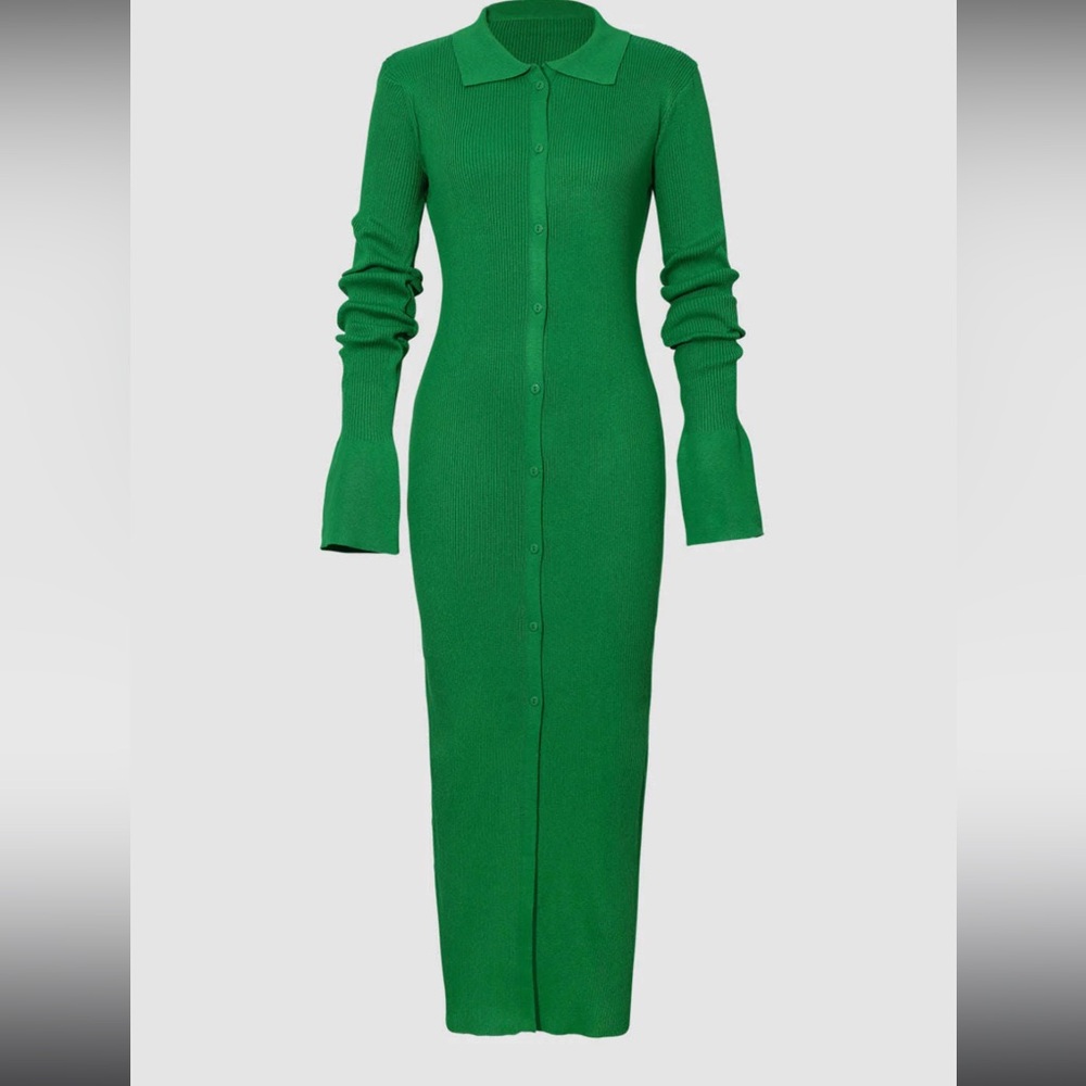 Green Ribbed Long Sleeve Dress